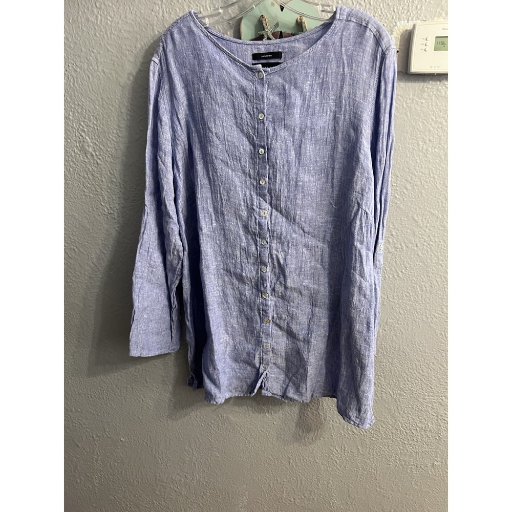 Tahari Shirt Womens Size 2X Blue Linen Tunic Button Down Roll Tab Sleeve